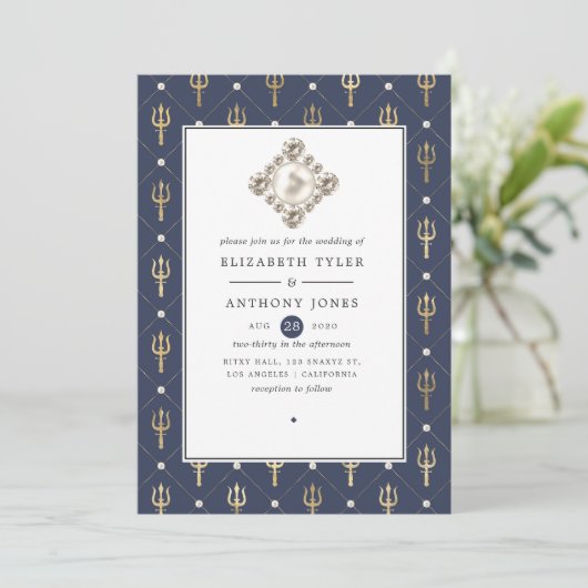 Blauw en gouden Nautical Wedding Kaart (Staand voorkant)
