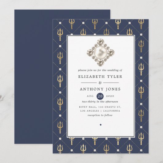 Blauw en gouden Nautical Wedding Kaart (Voorkant / Achterkant)