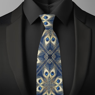 Blauw en gouden pauwenveren geometrisch patroon stropdas