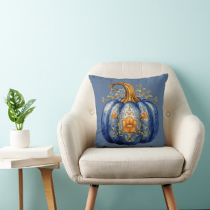 Blauw en gouden pompoen bloem blauwe Halloween Kussen