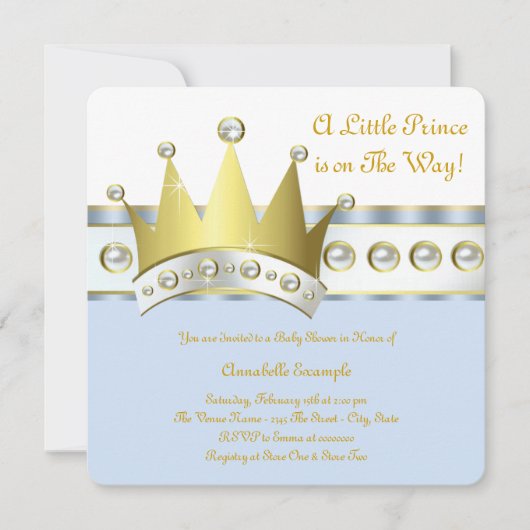 Blauw en gouden prins babyshower kaart (Voorkant)