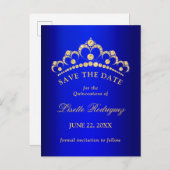 Blauw en gouden Quinceanera Save The Date Briefkaart (Voorkant / Achterkant)