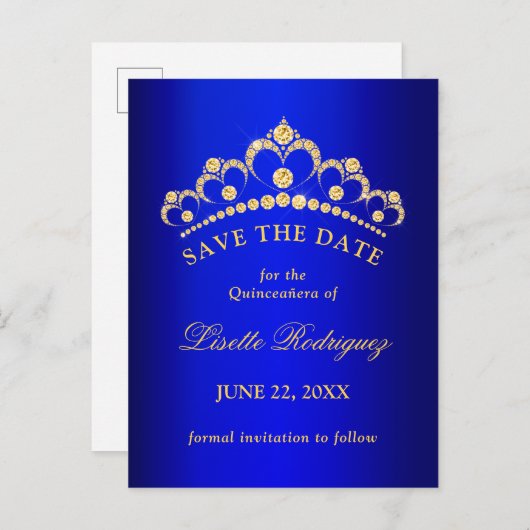 Blauw en gouden Quinceanera Save The Date Briefkaart (Voorkant / Achterkant)