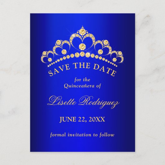 Blauw en gouden Quinceanera Save The Date Briefkaart (Voorkant)