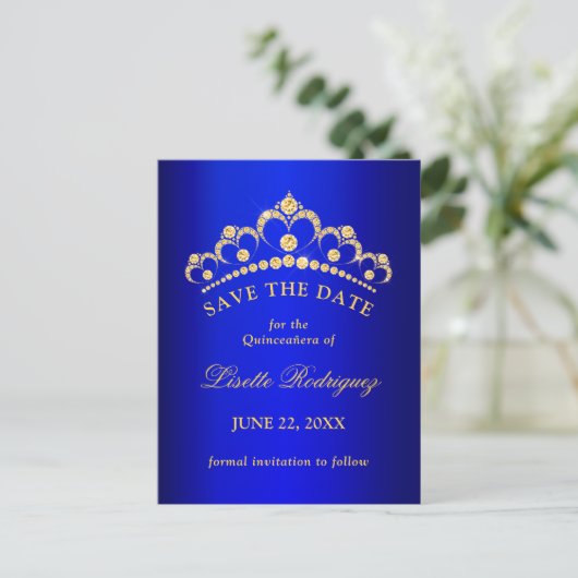 Blauw en gouden Quinceanera Save The Date Briefkaart (Staand voorkant)