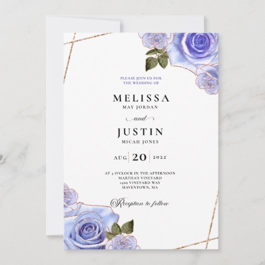 Blauw en gouden Roos Glitter Wedding Uitnodiging (Voorkant)
