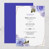 Blauw en gouden Roos Glitter Wedding Uitnodiging (Voorkant / Achterkant)