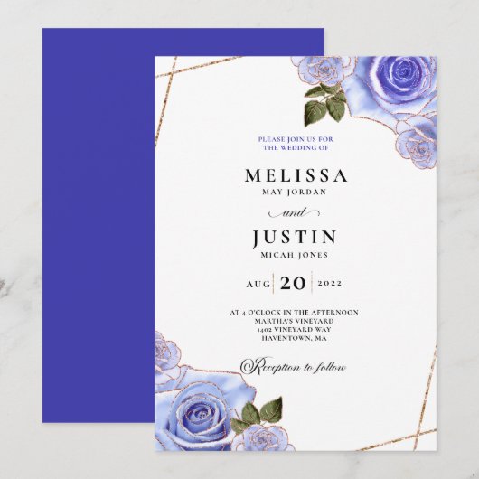 Blauw en gouden Roos Glitter Wedding Uitnodiging (Voorkant / Achterkant)