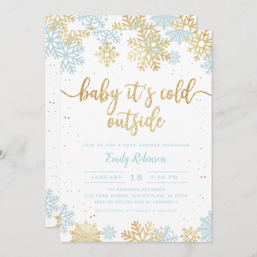 Blauw en gouden sneeuwvlok winterjongen Baby showe Kaart (Voorkant / Achterkant)