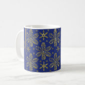 Blauw en Gouden Sneeuwvlokken Kerstmuts met Naam Koffiemok (Voorkant links)