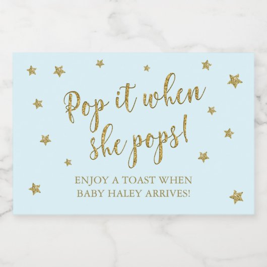 Blauw en gouden sterren Pop het wanneer ze Baby sh Sparkling Wijnetiket (Enkel label)