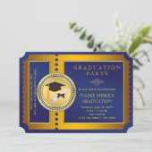 Blauw en gouden ticket afstudeerfeest kaart (Staand voorkant)
