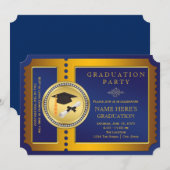 Blauw en gouden ticket afstudeerfeest kaart (Voorkant / Achterkant)