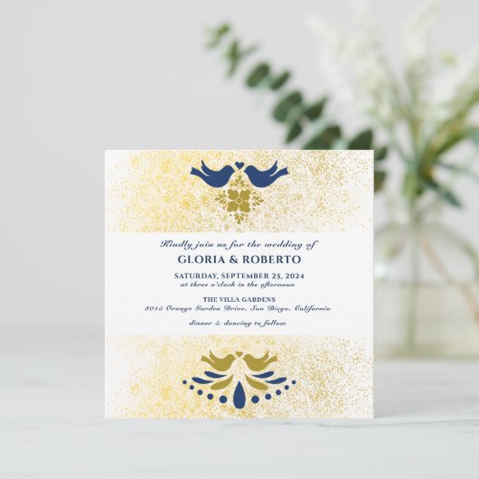 Blauw en gouden Tortelduifjes Mexicaans bruiloft Kaart (Staand voorkant)