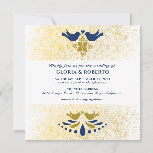 Blauw en gouden Tortelduifjes Mexicaans bruiloft Kaart (Voorkant)