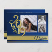 Blauw en Gouden Varsity 2019 Afstuderen Drie Foto Kaart (Voorkant / Achterkant)