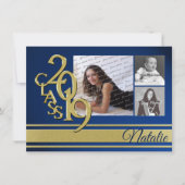 Blauw en Gouden Varsity 2019 Afstuderen Drie Foto Kaart (Voorkant)