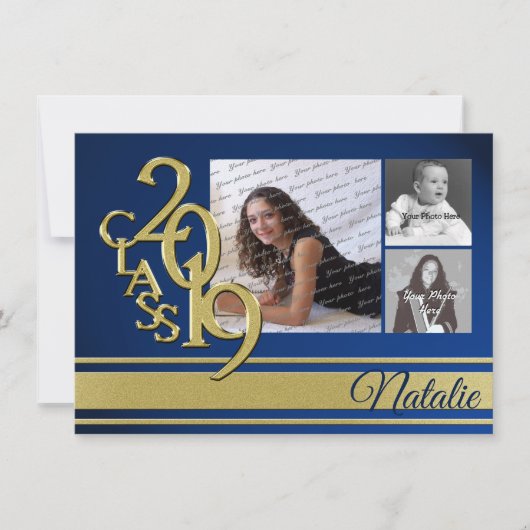 Blauw en Gouden Varsity 2019 Afstuderen Drie Foto Kaart (Voorkant)
