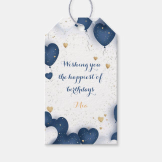 Blauw en gouden verjaardagscadeautag met harten cadeaulabel