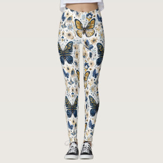 Blauw en gouden vlinder bloemige damesleggings leggings