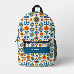Blauw en gouden volkskunstbloemen bedrukte rugzak