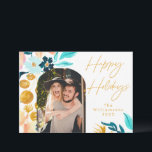 Blauw en gouden waterverf bloemen | 1 foto elegant feestdagenkaart<br><div class="desc">Boho turquoise blauw en gouden waterverf bloem fotokerstkaart</div>