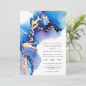 Blauw en Gouden Waterverf Bruiloft Kaart (Staand voorkant)