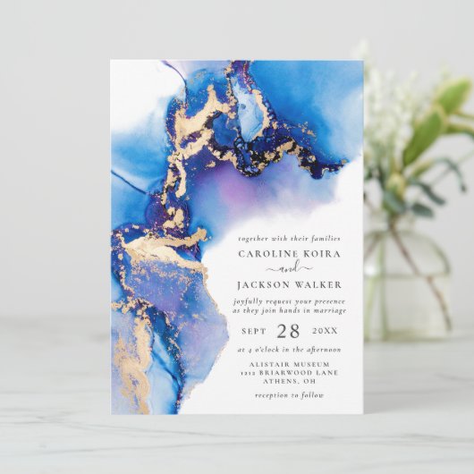 Blauw en Gouden Waterverf Bruiloft Kaart (Staand voorkant)