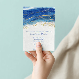 Blauw en Gouden Waterverf Bruiloft Kaart