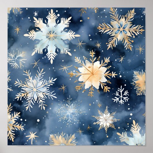 Blauw en gouden waterverf sneeuwvlok print (Voorkant)