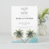 Blauw en gouden waterverf tropisch strand bruiloft save the date (Staand voorkant)