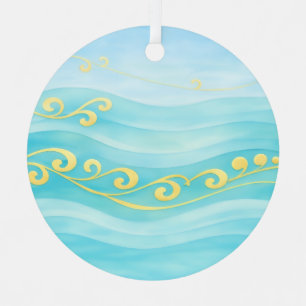 Blauw en gouden zee golf metalen ornament