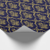 Blauw en goudflesje Damaslace-patroon Cadeaupapier (Hoek)