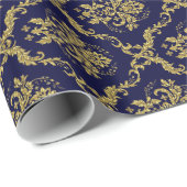 Blauw en goudflesje Damaslace-patroon Cadeaupapier (Rol Hoek)