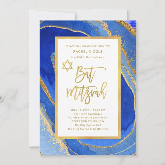 blauw en goudgeode | Bat Mitzvah Kaart (Voorkant)