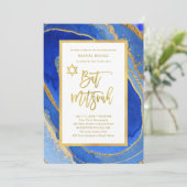 blauw en goudgeode | Bat Mitzvah Kaart (Staand voorkant)