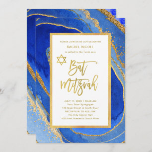  blauw en goudgeode   Bat Mitzvah Kaart