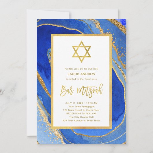 Blauw- en goudgeode | Ster van David Bar Mitzvah Kaart (Voorkant)