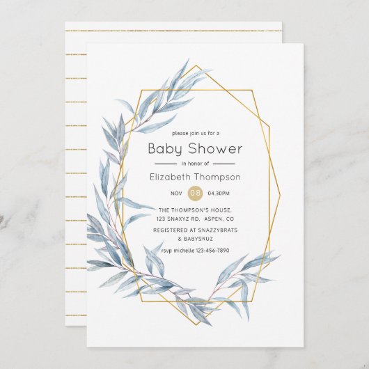 Blauw en goudgeometrisch EucalyptusBaby shower Kaart (Voorkant / Achterkant)