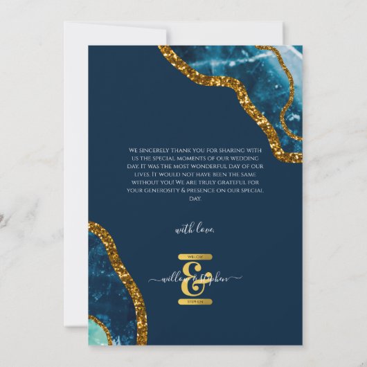 Blauw- en goudgetijden Glitter Wedding Bedankkaart (Achterkant)