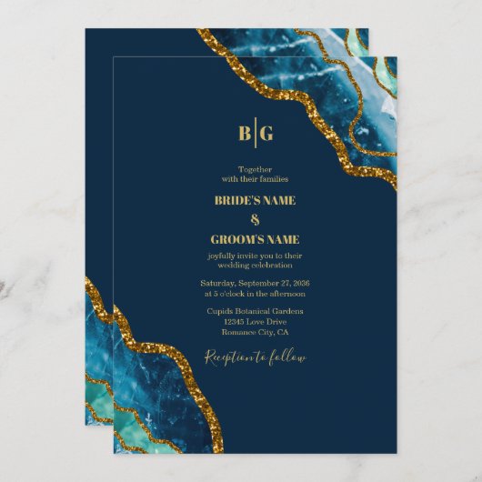 Blauw- en goudgetijden Glitter Wedding Kaart (Voorkant / Achterkant)