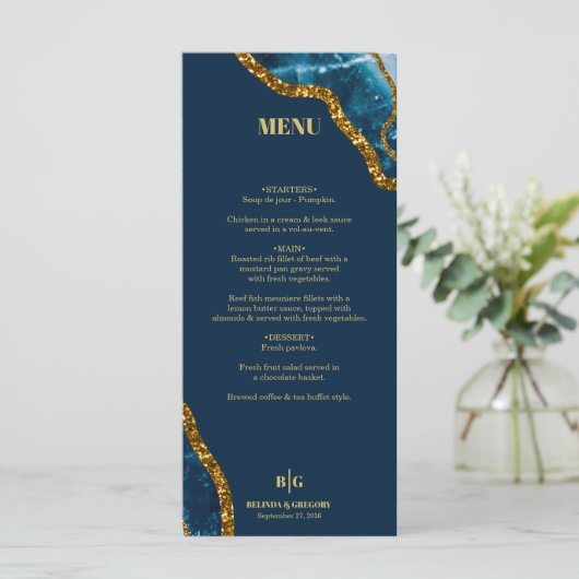 Blauw- en goudgetijden Glitter Wedding Menu (Staand voorkant)