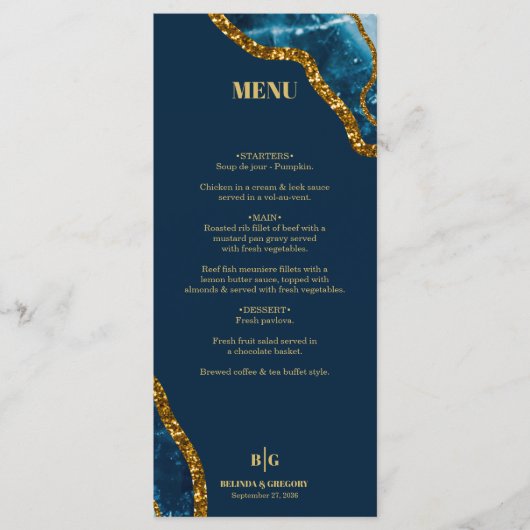 Blauw- en goudgetijden Glitter Wedding Menu (Voorkant)