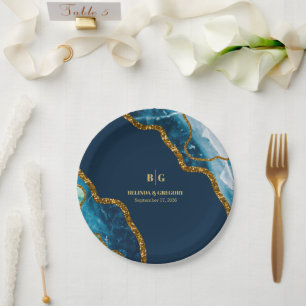 Blauw- en goudgetijden Glitter Wedding Papieren Bordje
