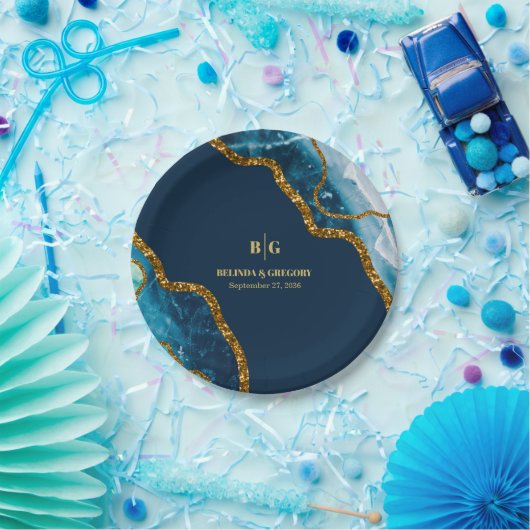 Blauw- en goudgetijden Glitter Wedding Papieren Bordje (Feest)