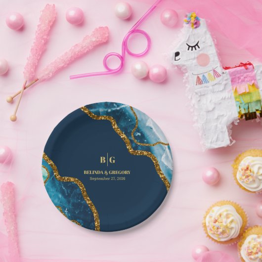 Blauw- en goudgetijden Glitter Wedding Papieren Bordje (Feest)