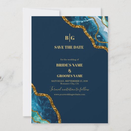 Blauw- en goudgetijden Glitter Wedding Save The Date (Achterkant)