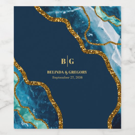 Blauw- en goudgetijden Glitter Wedding Wijn Etiket (Enkel label)