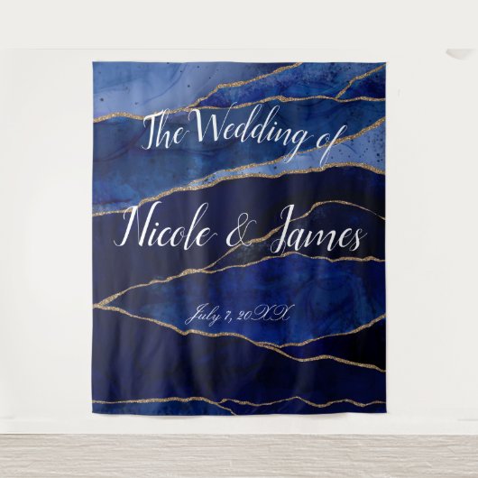 Blauw- en goudglansblauw Modern Glam minimal bruil Wandkleed (Voorkant)