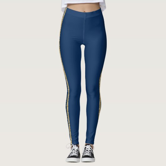Blauw en goudglitter Aangepaste tekst Athletic Str Leggings (Voorkant)